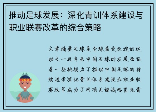 推动足球发展：深化青训体系建设与职业联赛改革的综合策略
