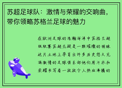苏超足球队：激情与荣耀的交响曲，带你领略苏格兰足球的魅力